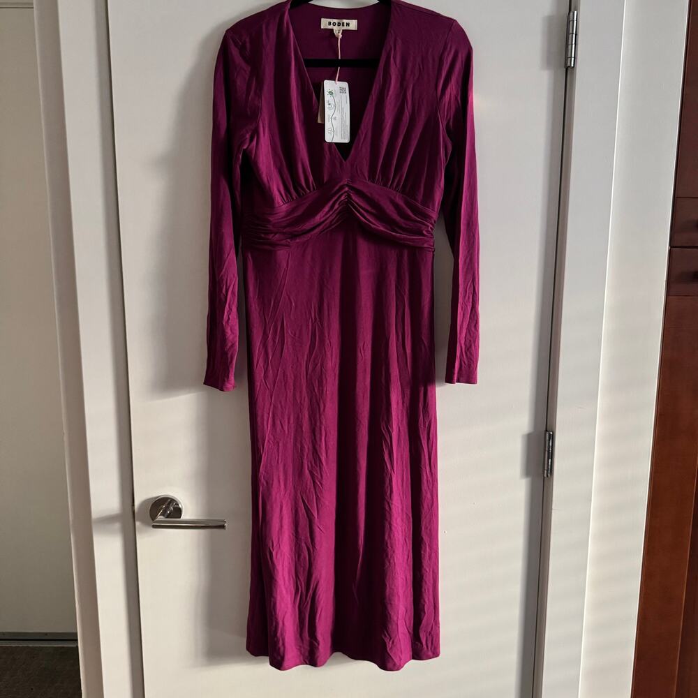 New Boden Elodie Empire Midi Dress Purple V-Neck Long Sleeve Sz 8 Women's
